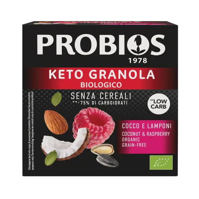 Keto granola cocco e lamponi