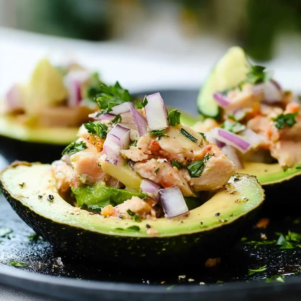 Avocado ripieno con tonno, maionese e cipolle rosse