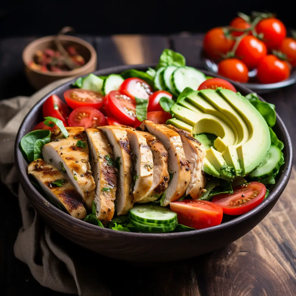 Insalata di pollo alla griglia con avocado, cetrioli, lattuga, pomodori e olio d'oliva