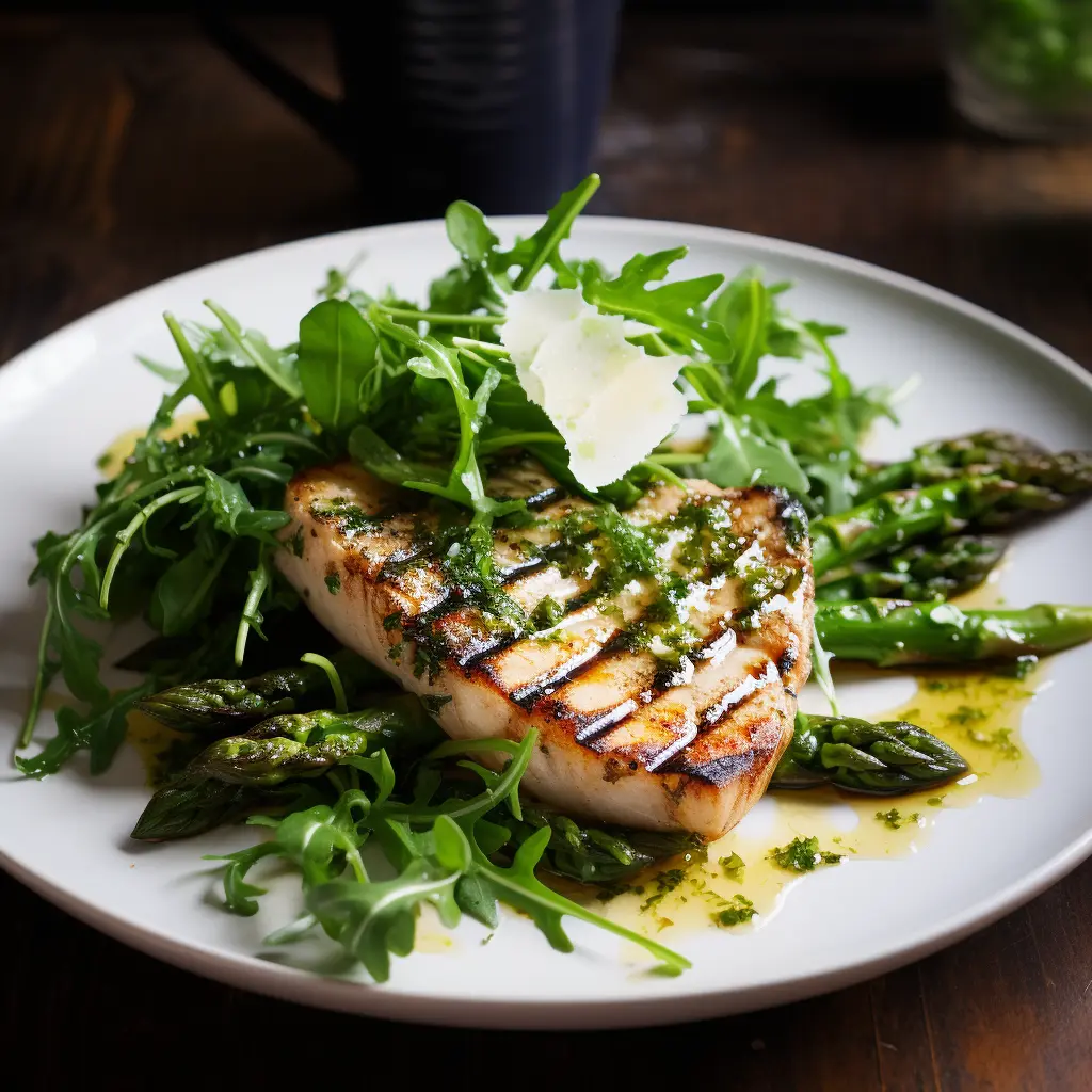 Pesce Spada Grigliato con Asparagi Saltati in Padella e Insalata di Rucola e Parmigiano