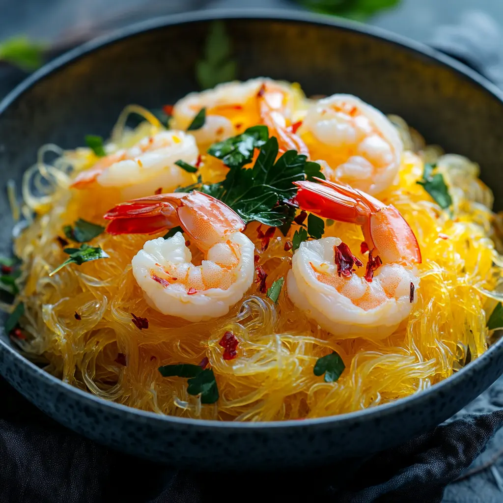 Spaghetti di konjac allo zafferano con gamberetti