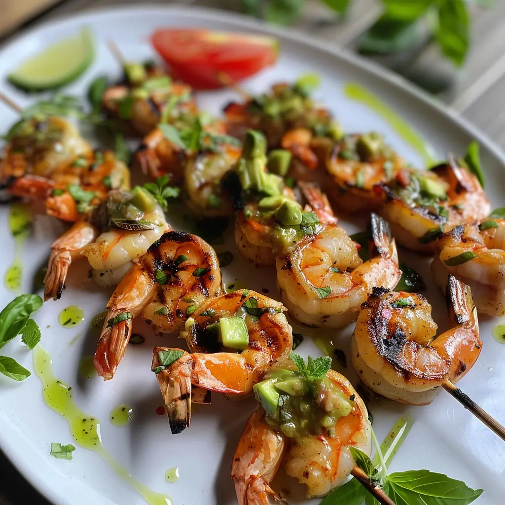 Spiedini di Gamberi alla Griglia con Salsa di Avocado